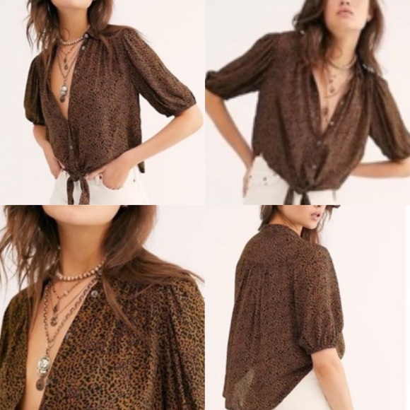 Free People Tops - Free People Green Cheetah Tie Front Blouse